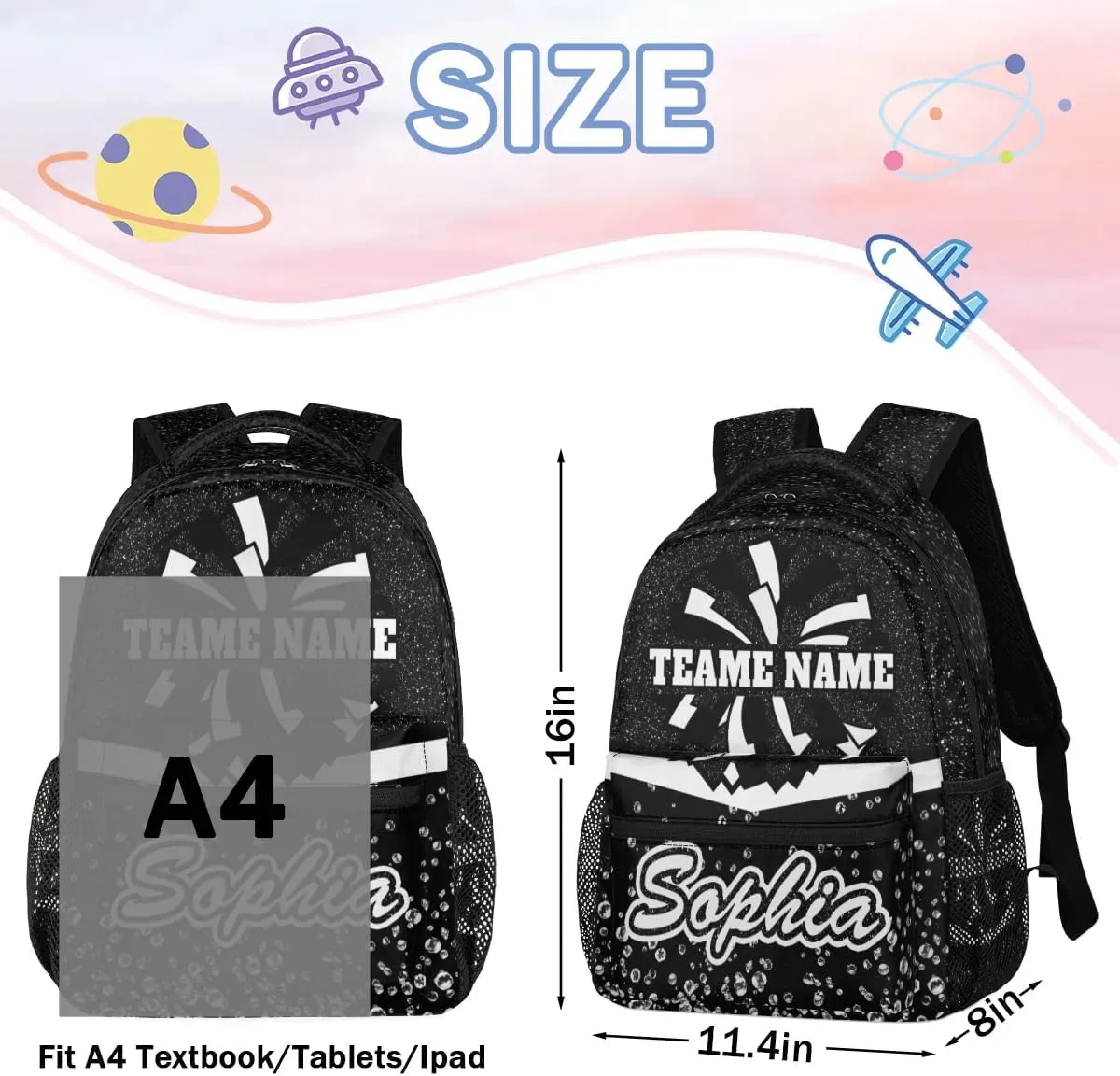 TropicalLife Custom Cheer Backpack for Cheerleader, Personalized Cheer Shoulder Bag with Name, Cheerleading Gifts for Teams, Black Glitter