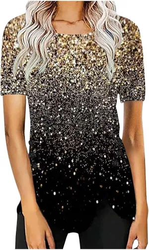 Tunic Tops for Women Loose Fit Dressy Short Sleeve Crew Neck T Shirts Summer Floral Graphic Tees Irregular Hem Blouse