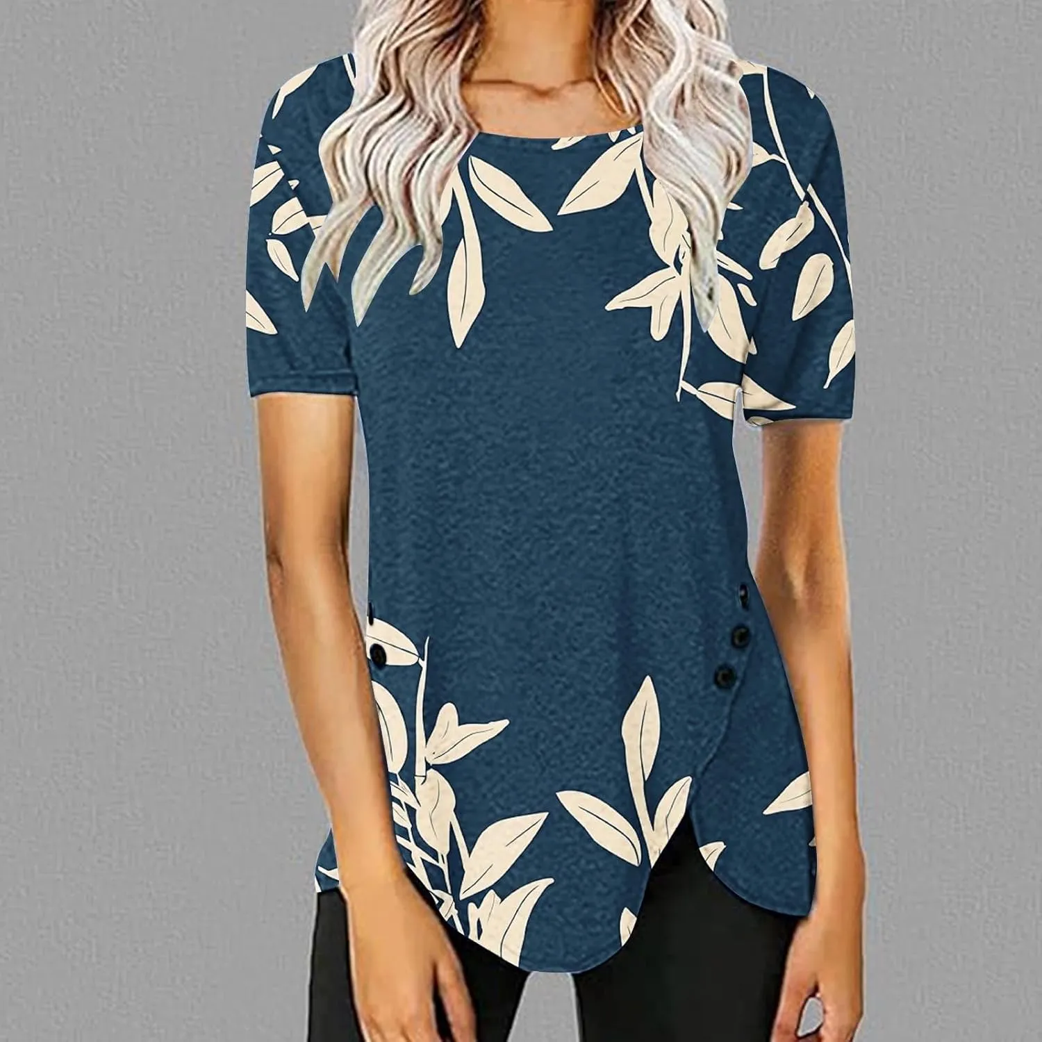 Tunic Tops for Women Loose Fit Dressy Short Sleeve Crew Neck T Shirts Summer Floral Graphic Tees Irregular Hem Blouse