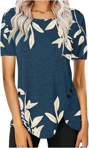 Tunic Tops for Women Loose Fit Dressy Short Sleeve Crew Neck T Shirts Summer Floral Graphic Tees Irregular Hem Blouse