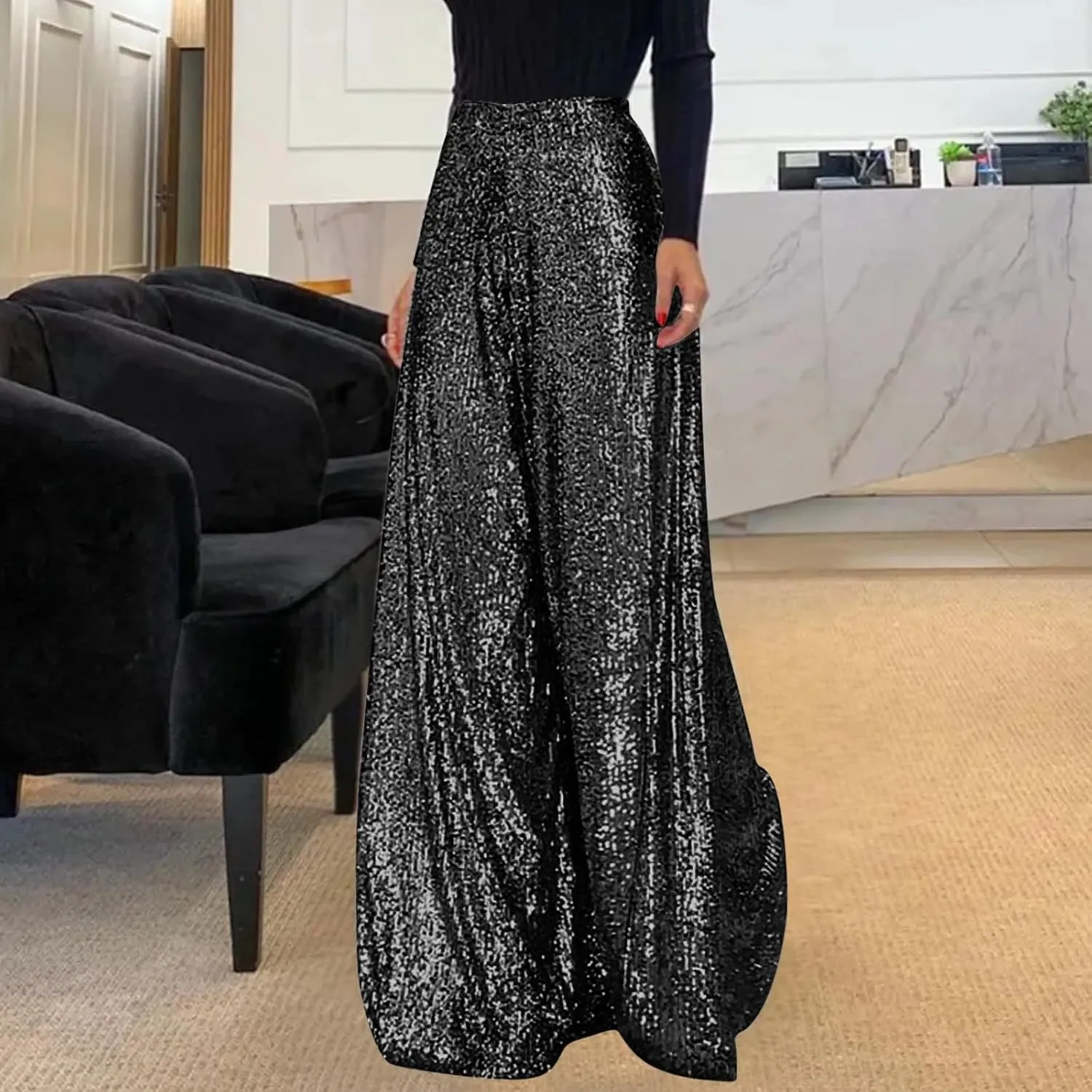 Uillui Glitter Sequin Palazzo Pant for Women High Waist Pleated Sparkle Flowy Pant Straight Wide Leg Fashion Shimmer Trouser