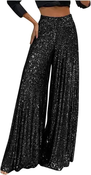 Uillui Glitter Sequin Palazzo Pant for Women High Waist Pleated Sparkle Flowy Pant Straight Wide Leg Fashion Shimmer Trouser