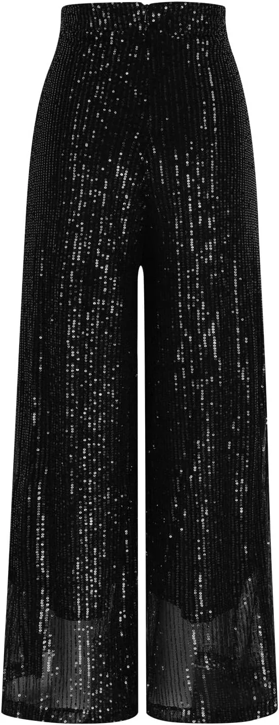 Uillui Glitter Sequin Palazzo Pant for Women High Waist Pleated Sparkle Flowy Pant Straight Wide Leg Fashion Shimmer Trouser