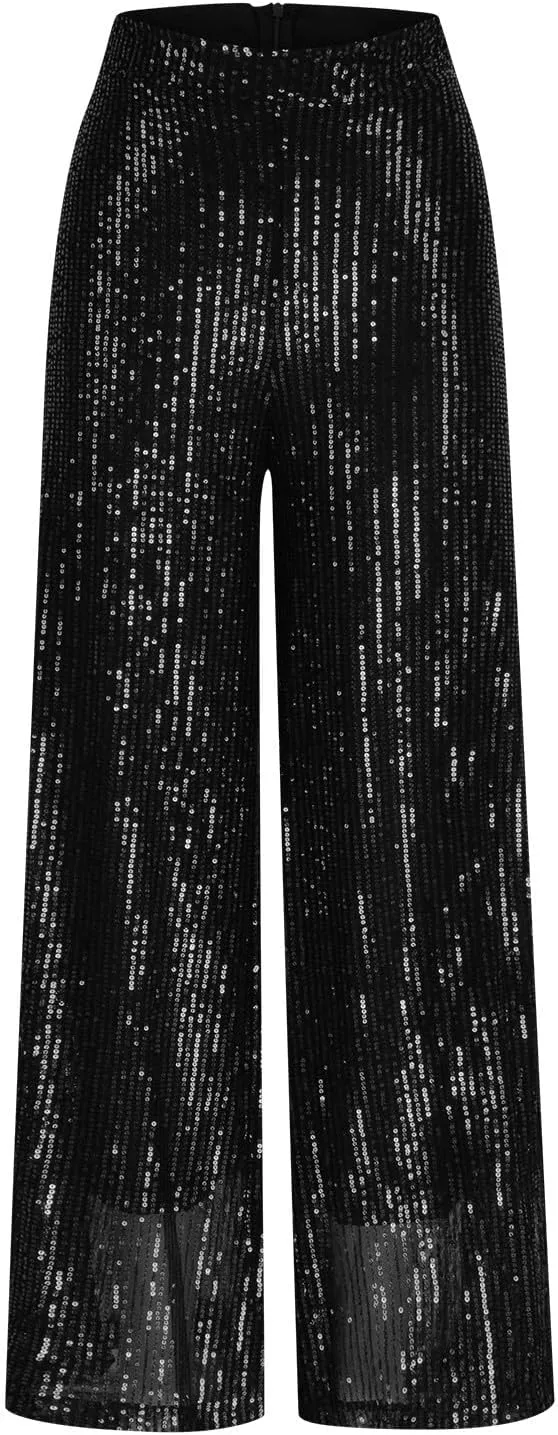 Uillui Glitter Sequin Palazzo Pant for Women High Waist Pleated Sparkle Flowy Pant Straight Wide Leg Fashion Shimmer Trouser