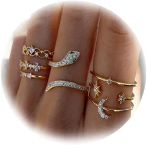 Vintage Knuckle Sets Rings for Women Joint Stacking Finger Rings Crystal Stars Moon Snake Rings Gold Statement Ring Midi Rings