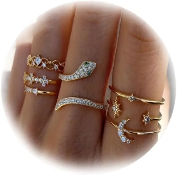 Vintage Knuckle Sets Rings for Women Joint Stacking Finger Rings Crystal Stars Moon Snake Rings Gold Statement Ring Midi Rings