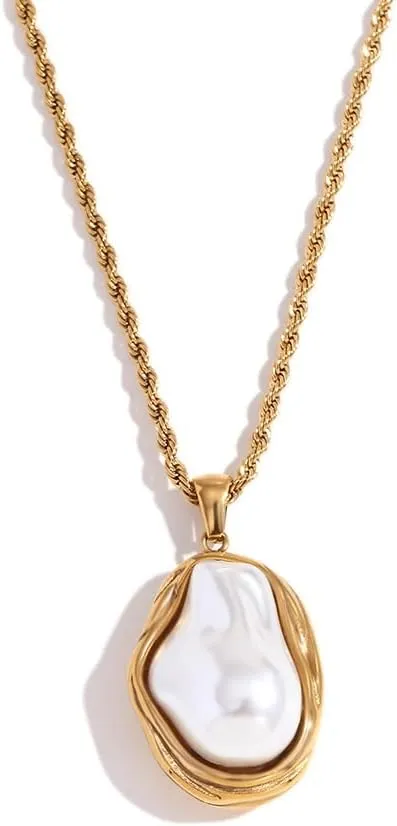Vintage Pearl Necklace Earrings Jewelry Set, Gold Irregular Baroque Pearl Earrings for Women, 18k Gold Stainless Steel Pearl Pendant Necklace, Trendy and Dainty Hypoallergenic Waterproof Jewelry Gift