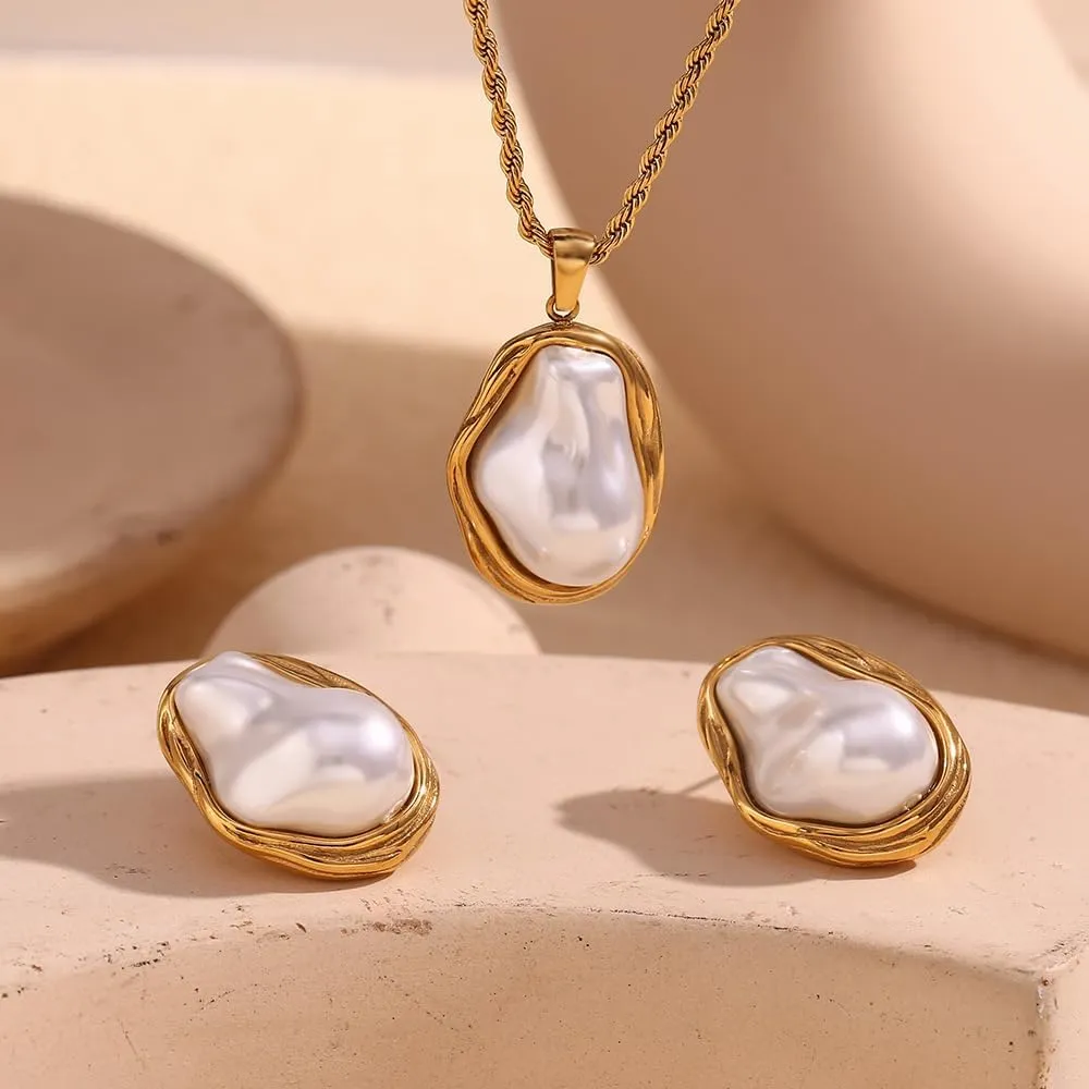 Vintage Pearl Necklace Earrings Jewelry Set, Gold Irregular Baroque Pearl Earrings for Women, 18k Gold Stainless Steel Pearl Pendant Necklace, Trendy and Dainty Hypoallergenic Waterproof Jewelry Gift