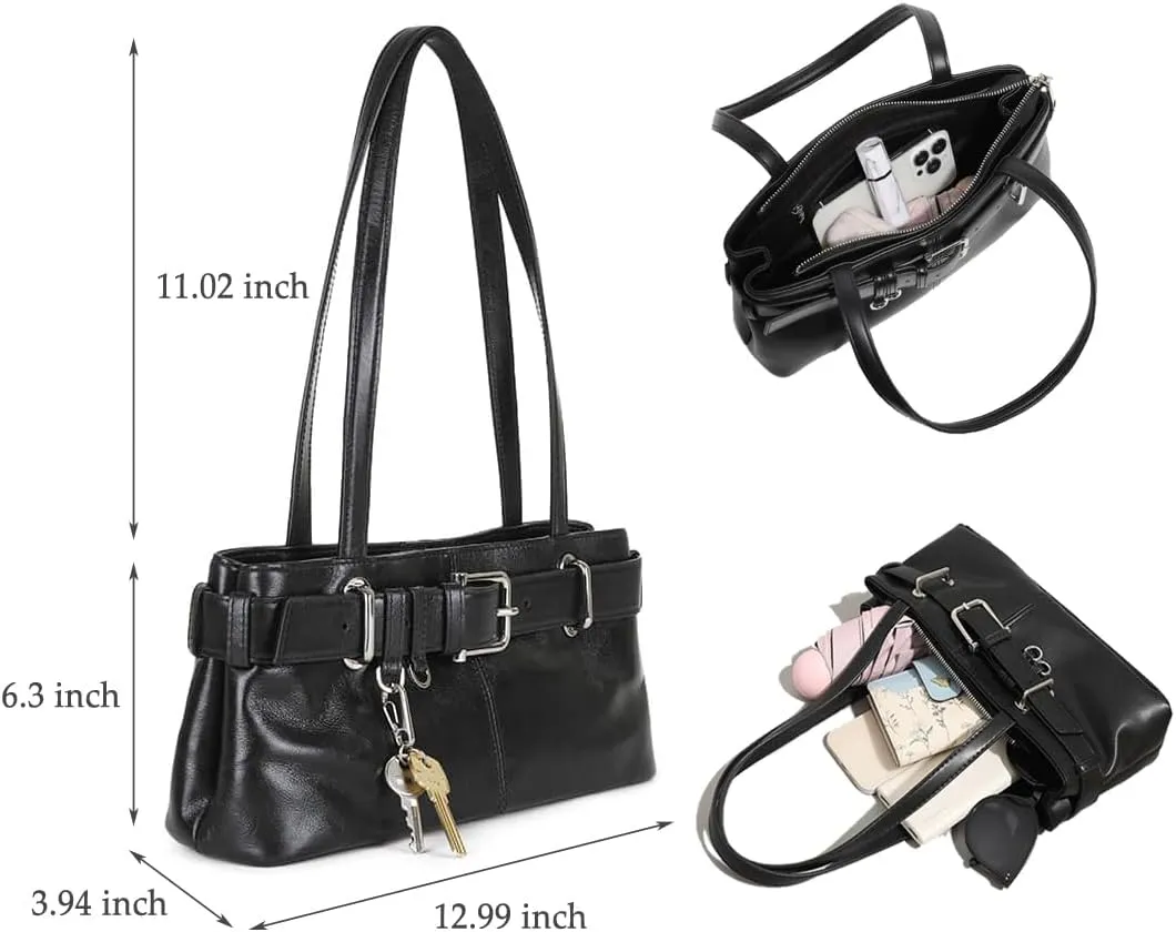 Vintage Shoulder Bag for Women Y2K Underarm Purse with Belt Buckle Small Satchel Tote Handbag