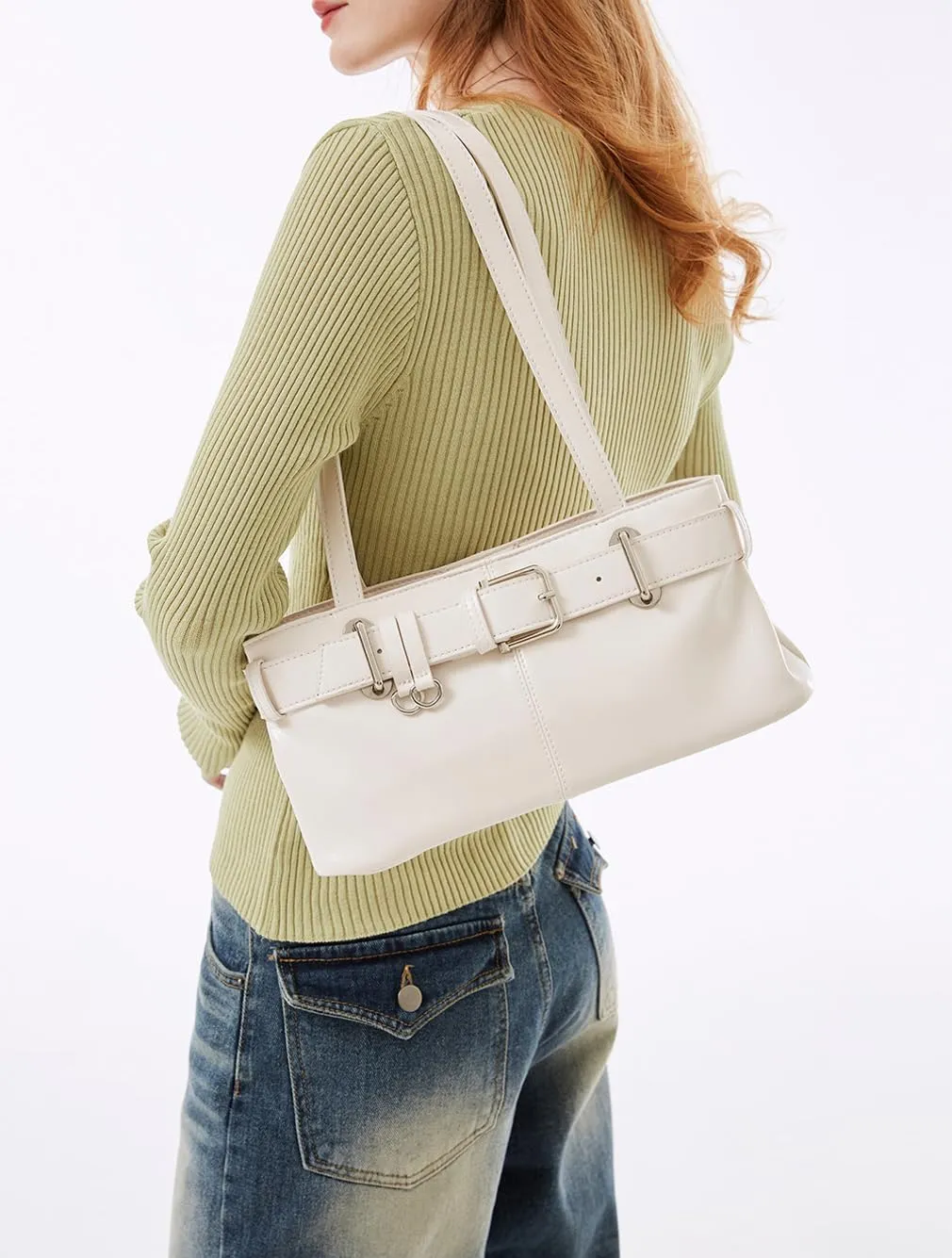 Vintage Shoulder Bag for Women Y2K Underarm Purse with Belt Buckle Small Satchel Tote Handbag