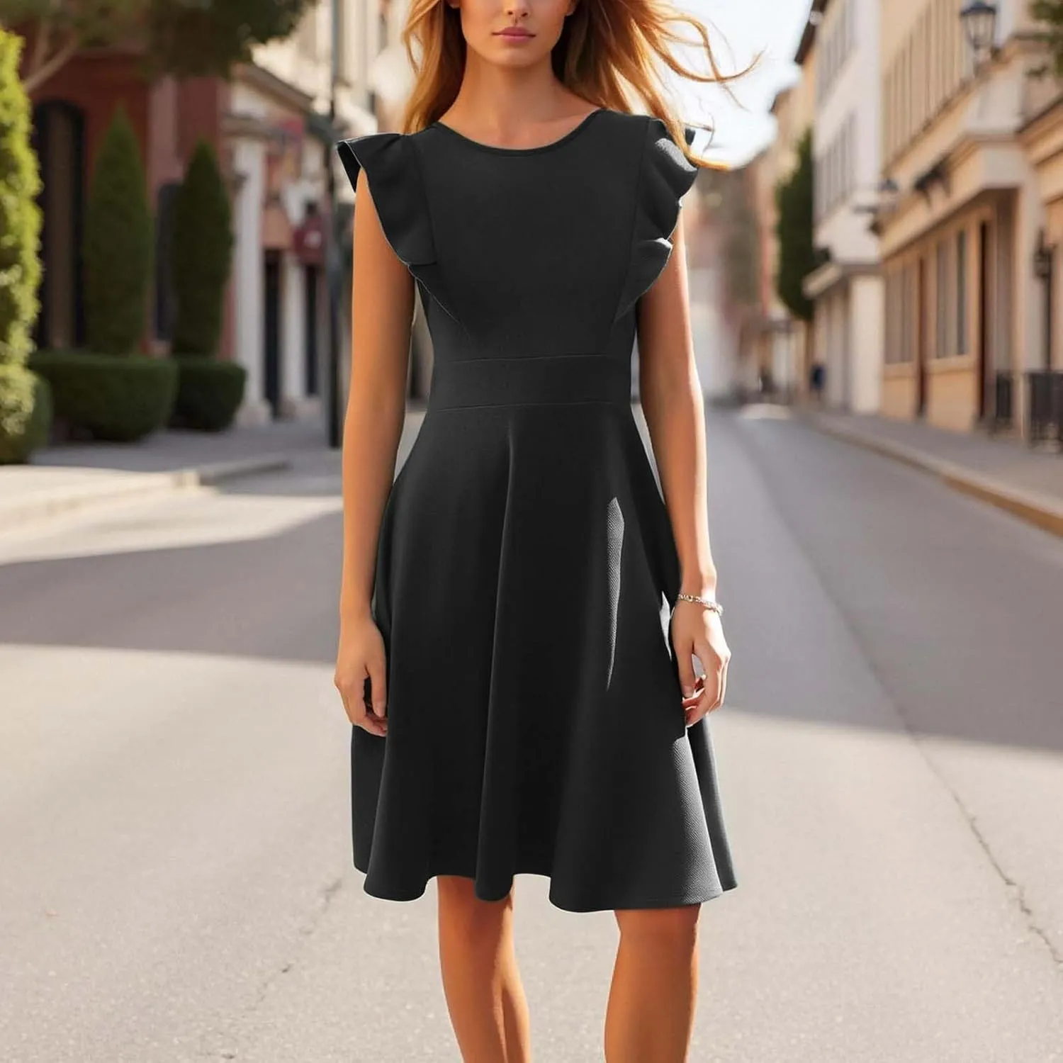 Vintage Summer Dress for Women High Waisted A Line Midi Dresses Round Neck Ruffle Short Sleeve Office Outfits