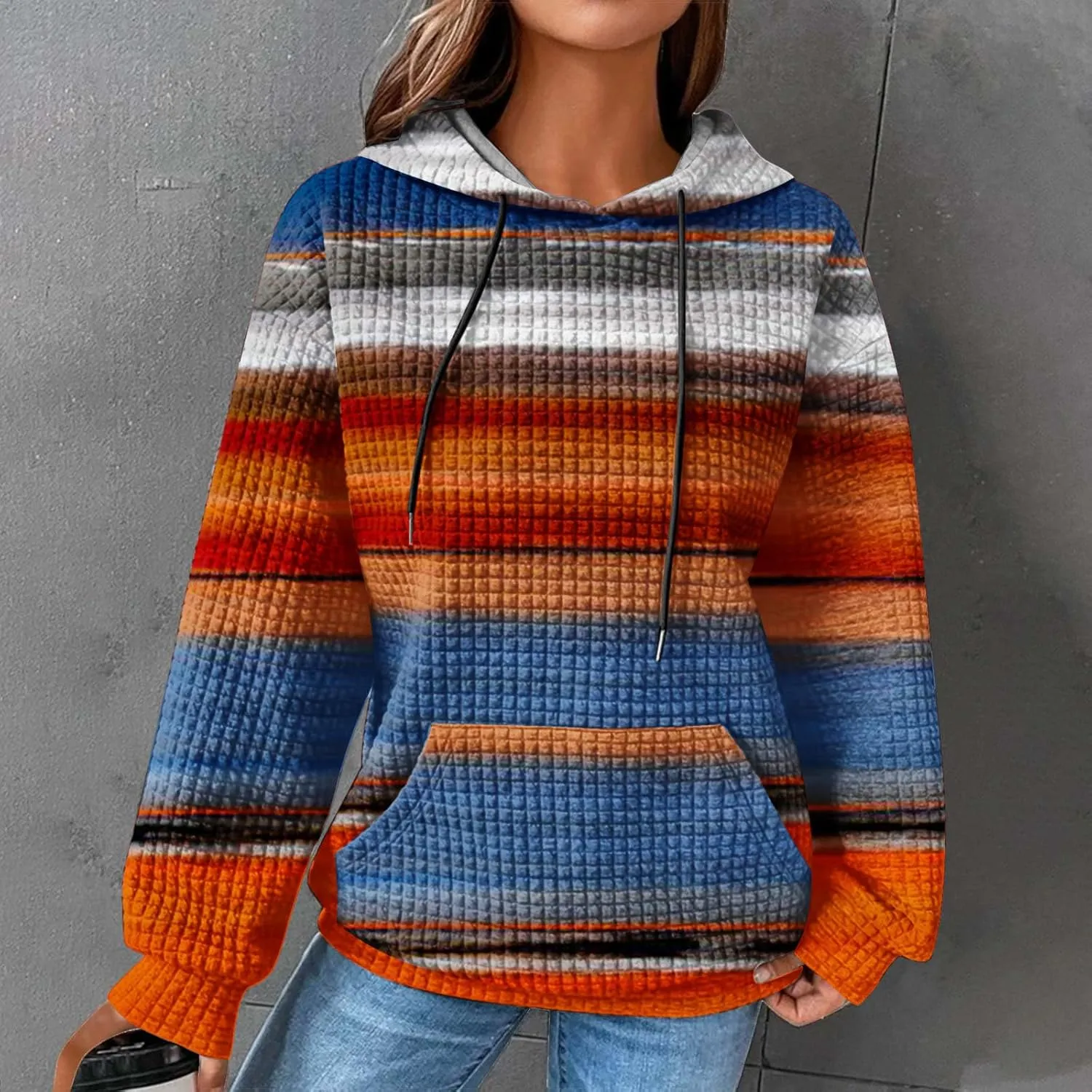 Waffle Hoodie for Women Multicolored Comfy Hoodies Casual Trendy Sweatshirt Loose Fit Pullover Tops with Pocket
