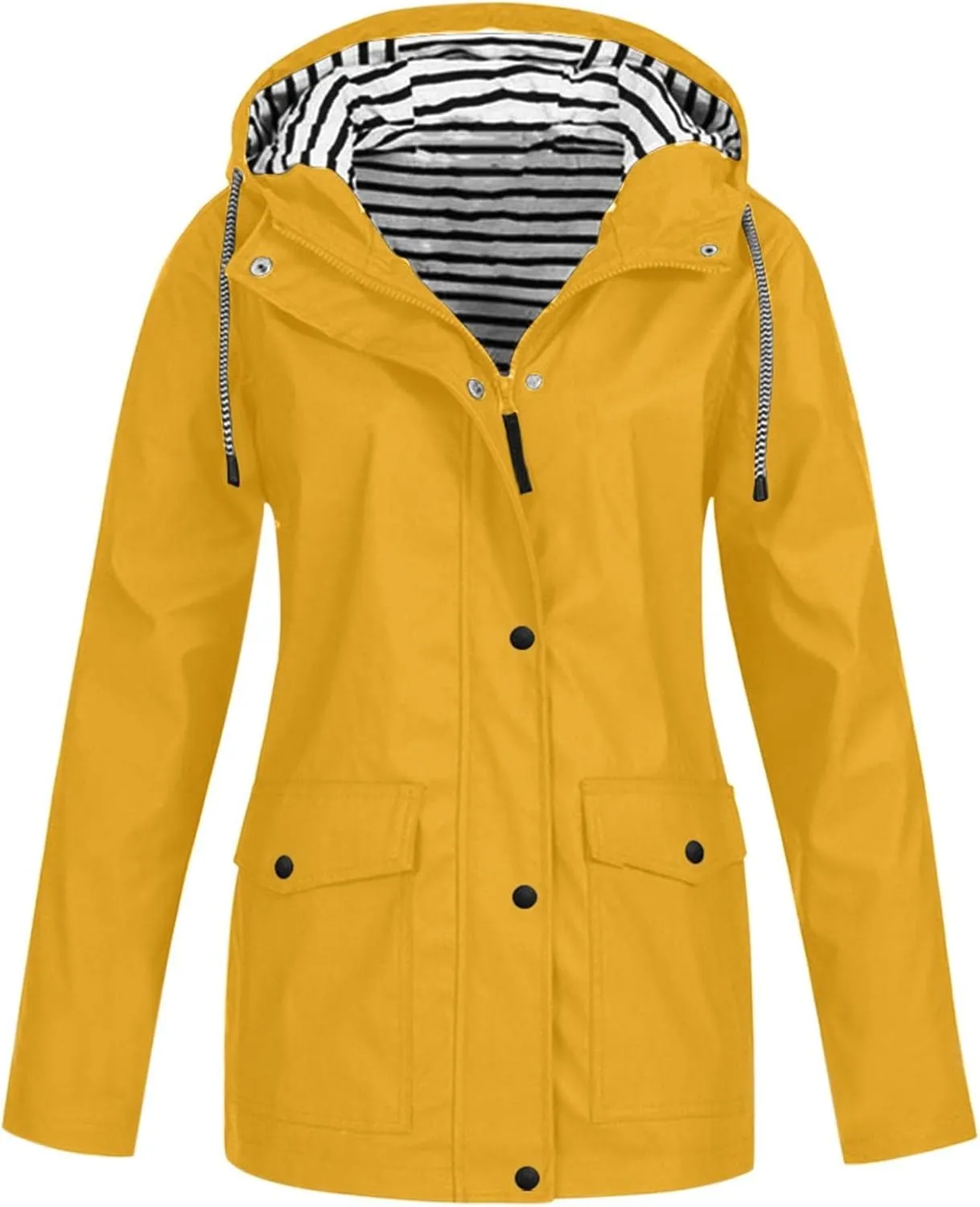 Windproof Jacket for Women Long Sleeve Raincoat Full Zip Up Button Hooded Plain Windbreaker with Pocket Winter Zipper Autumn