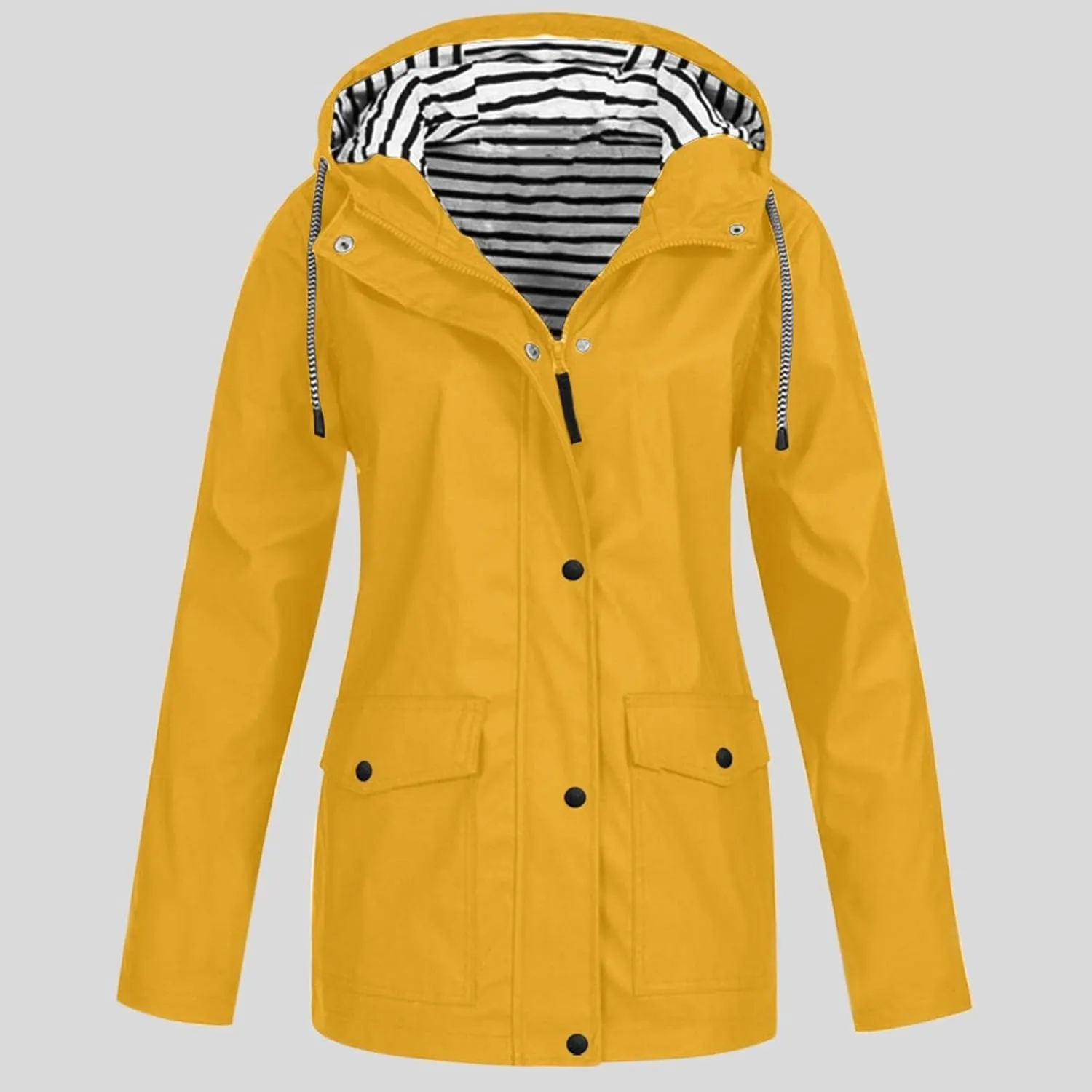 Windproof Jacket for Women Long Sleeve Raincoat Full Zip Up Button Hooded Plain Windbreaker with Pocket Winter Zipper Autumn
