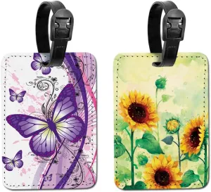 WIRESTER Set of 2 PU Leather Luggage Tag Name Tag Bag Tag for Travel Suitcase Baggage Luggage - Purple Butterfly, Sunflowers