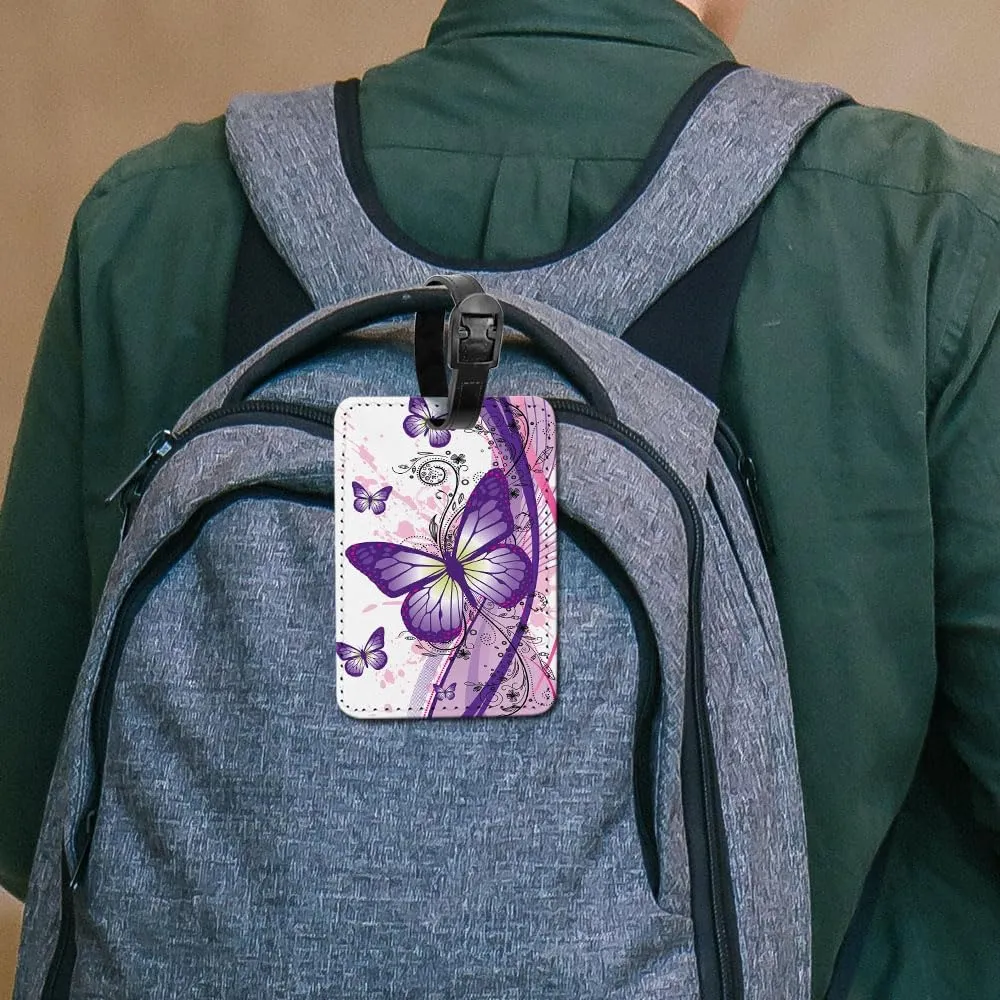 WIRESTER Set of 2 PU Leather Luggage Tag Name Tag Bag Tag for Travel Suitcase Baggage Luggage - Purple Butterfly, Sunflowers