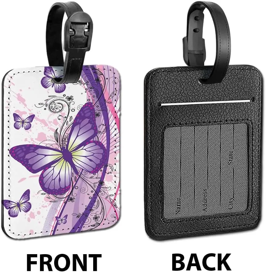 WIRESTER Set of 2 PU Leather Luggage Tag Name Tag Bag Tag for Travel Suitcase Baggage Luggage - Purple Butterfly, Sunflowers