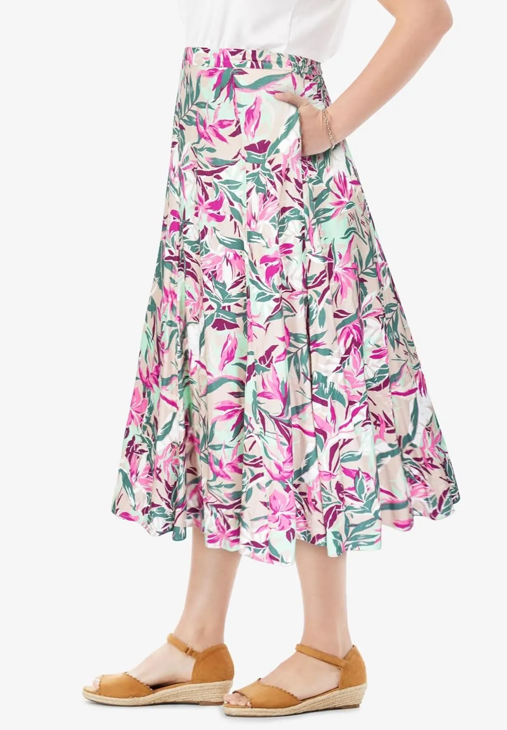 Woman Within Plus Size Print Linen-Blend Midi Skirt (Petite Available)