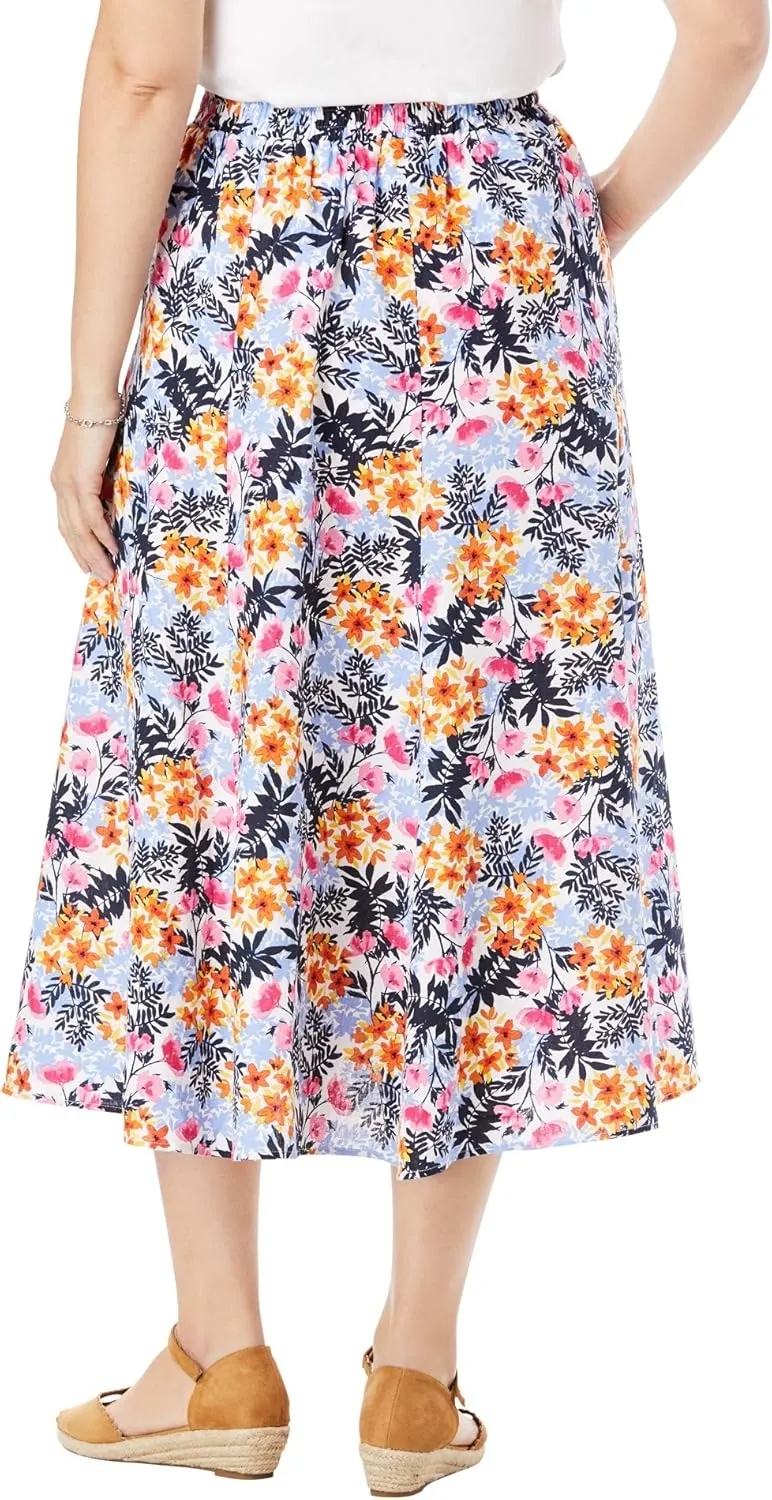 Woman Within Plus Size Print Linen-Blend Midi Skirt (Petite Available)