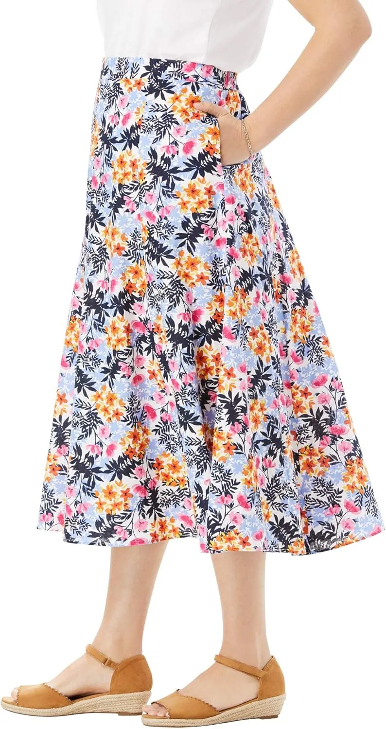 Woman Within Plus Size Print Linen-Blend Midi Skirt (Petite Available)