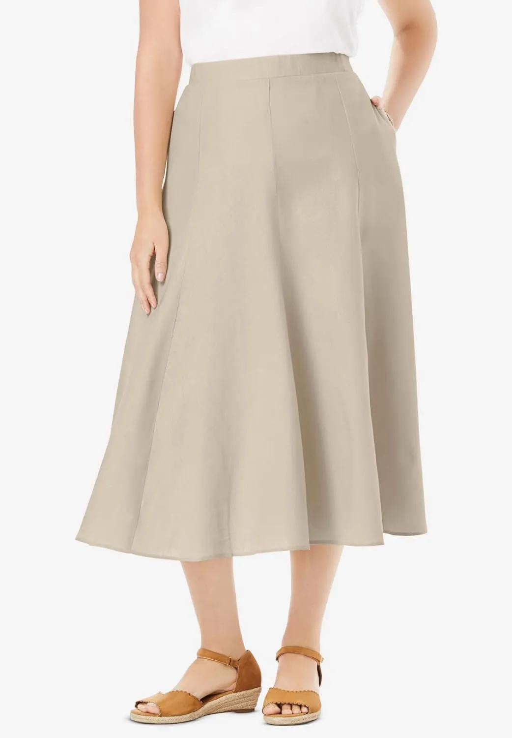 Woman Within Plus Size Print Linen-Blend Midi Skirt (Petite Available)