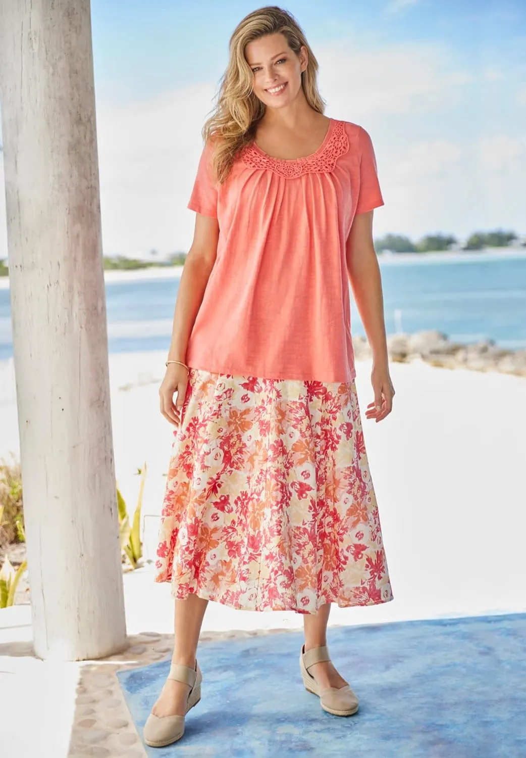 Woman Within Plus Size Print Linen-Blend Midi Skirt (Petite Available)