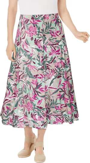 Woman Within Plus Size Print Linen-Blend Midi Skirt (Petite Available)