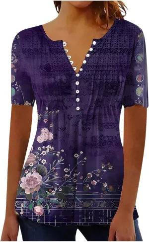 Women 2025 Spring Blouses Tops Floral Short Sleeve Boho T Shirts Dressy Casual Tunic Beach Vacation Ladies Clothing