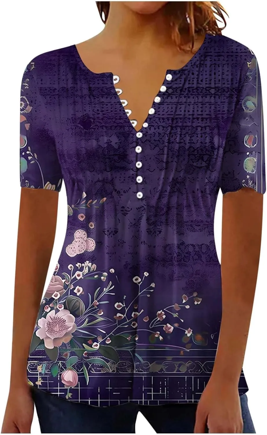 Women 2025 Spring Blouses Tops Floral Short Sleeve Boho T Shirts Dressy Casual Tunic Beach Vacation Ladies Clothing