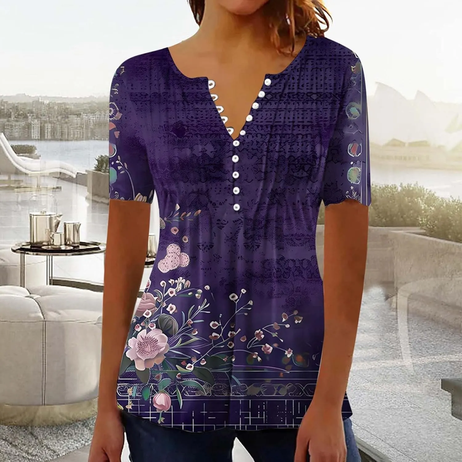 Women 2025 Spring Blouses Tops Floral Short Sleeve Boho T Shirts Dressy Casual Tunic Beach Vacation Ladies Clothing