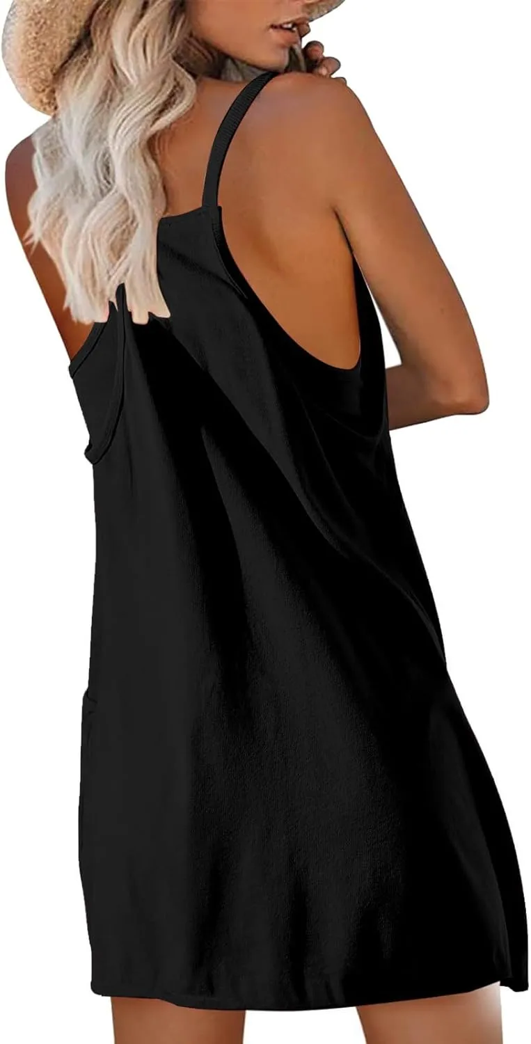 Women Athletic Sleeveless Mini Dress with Built-in Shorts V Neck Spaghetti Strap Sundress with Pockets Tennis Outfits