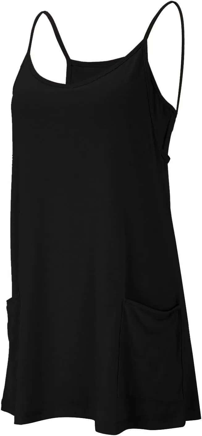 Women Athletic Sleeveless Mini Dress with Built-in Shorts V Neck Spaghetti Strap Sundress with Pockets Tennis Outfits