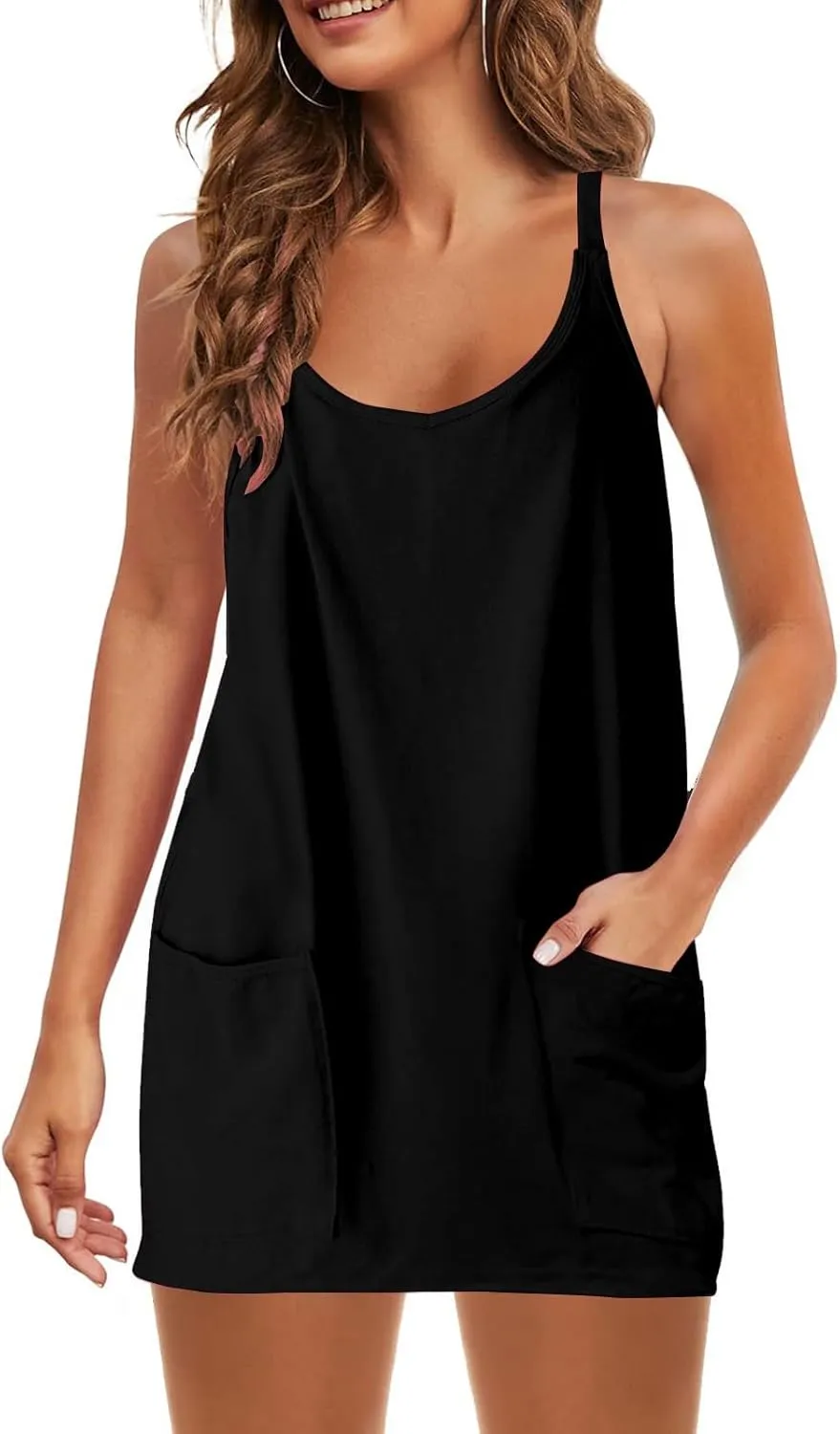 Women Athletic Sleeveless Mini Dress with Built-in Shorts V Neck Spaghetti Strap Sundress with Pockets Tennis Outfits