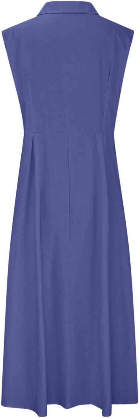 Women Casual Cotton Linen Shirt Dress Summer Sleeveless Button Down A Line Dress V Neck Work Collared Flowy Sundress