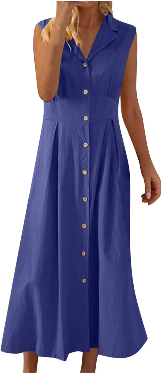 Women Casual Cotton Linen Shirt Dress Summer Sleeveless Button Down A Line Dress V Neck Work Collared Flowy Sundress
