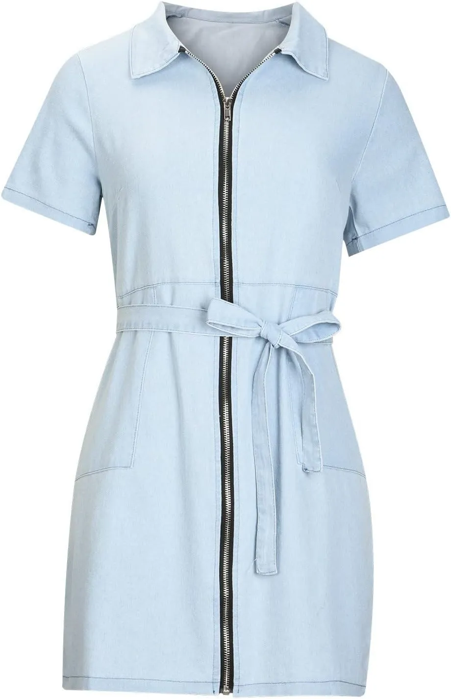 Women Casual Denim Shirt Dresses Tie Waist Short Sleeve Jean Dresses with Pockets Zip Up V-Neck Casual Tunic Dress