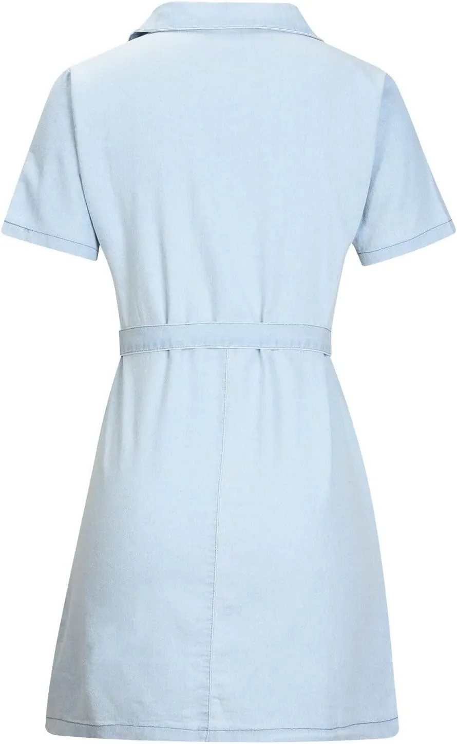 Women Casual Denim Shirt Dresses Tie Waist Short Sleeve Jean Dresses with Pockets Zip Up V-Neck Casual Tunic Dress