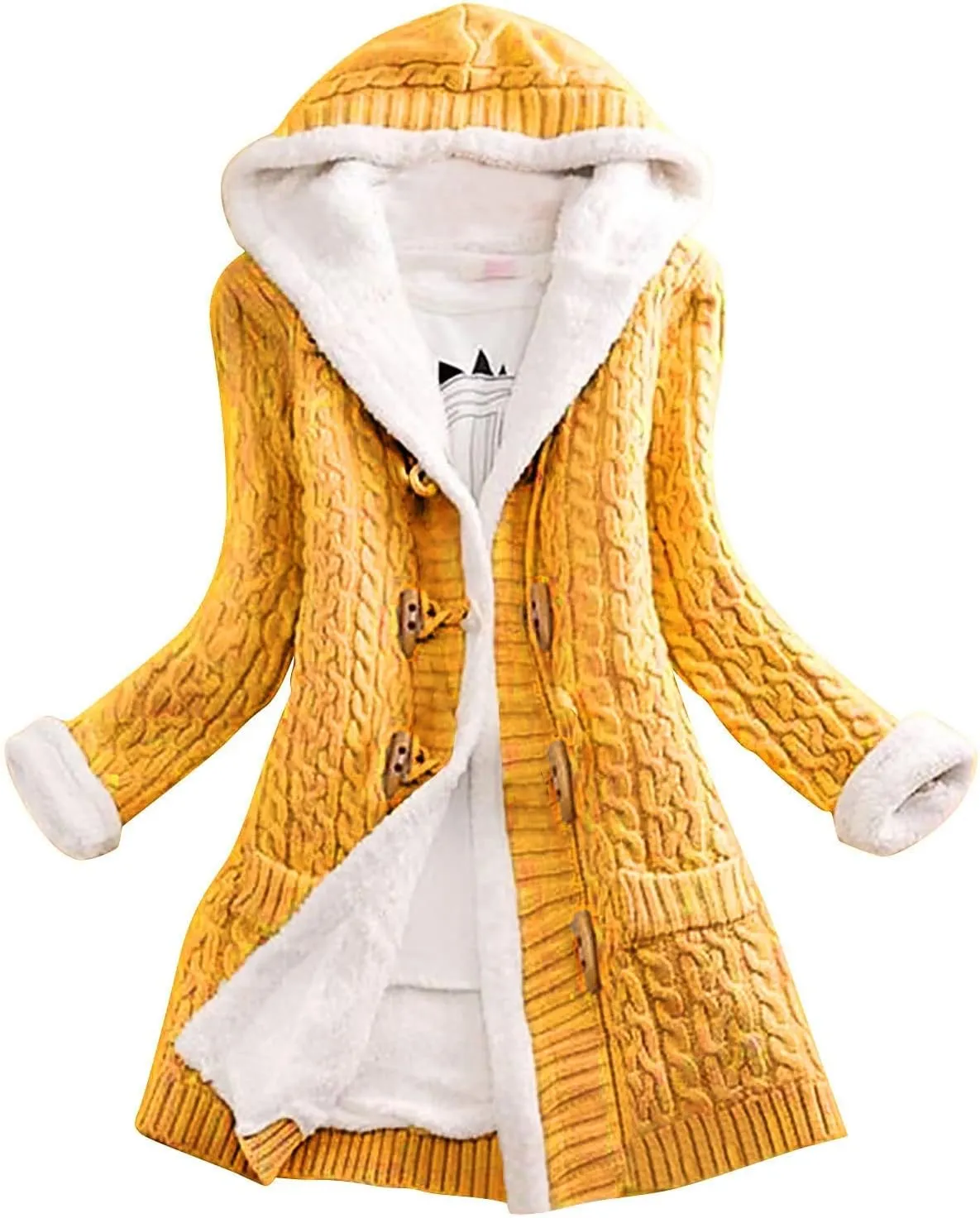 Women Casual Knit Button Long Sleeve Thick Warm Hooded Cardigan Coat Loose Long Sleeve Knit Lightweight Cardigans