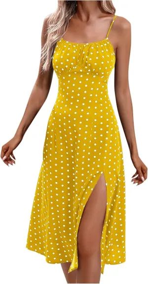 Women Casual Summer Boho Sleeveless Dresses Polka Dot Spaghetti Strap Midi Dress Trendy Split Sundress Travel Wear