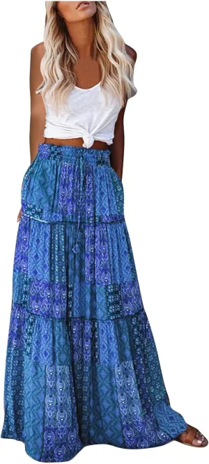 Women Chiffon Elastic High Waist Tie Paisley Print Maxi Skirt Summer Boho A-Line Flowy Ruffle Tiered Beach Skirts