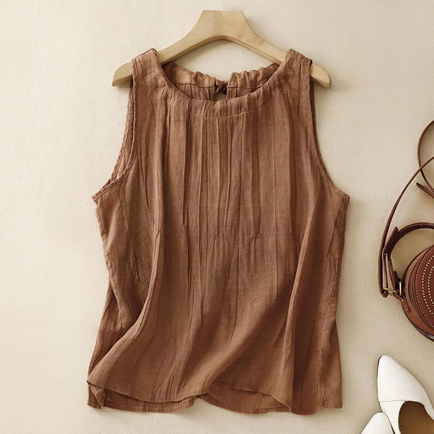 Women Cotton Linen Sleeveless Tank Tops Round Neck Gauze Shirt Casual Solid Color Loose Fit Comfy T-Shirt Blouse Vest