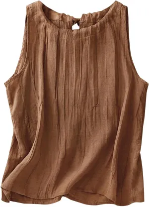 Women Cotton Linen Sleeveless Tank Tops Round Neck Gauze Shirt Casual Solid Color Loose Fit Comfy T-Shirt Blouse Vest