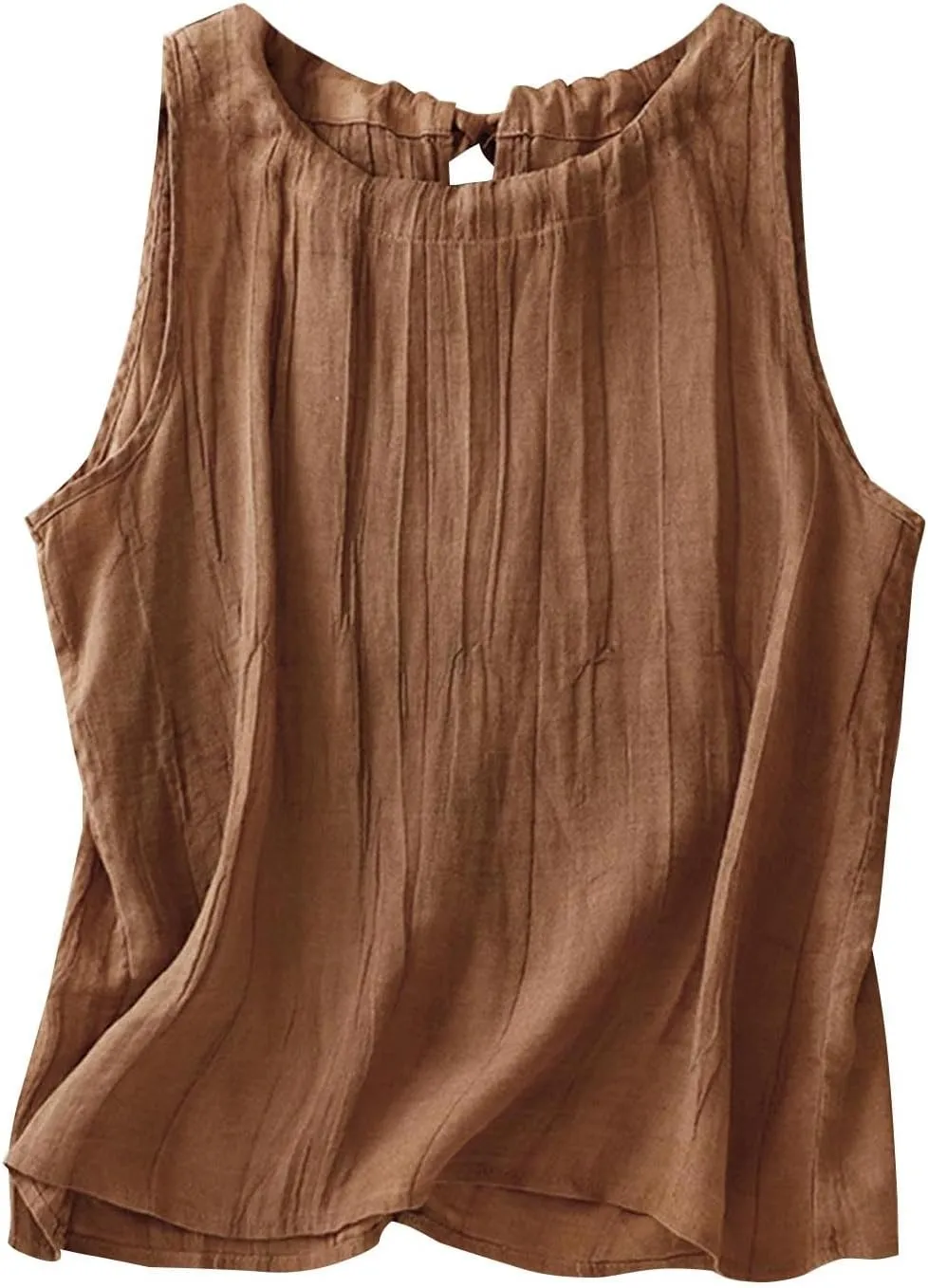 Women Cotton Linen Sleeveless Tank Tops Round Neck Gauze Shirt Casual Solid Color Loose Fit Comfy T-Shirt Blouse Vest