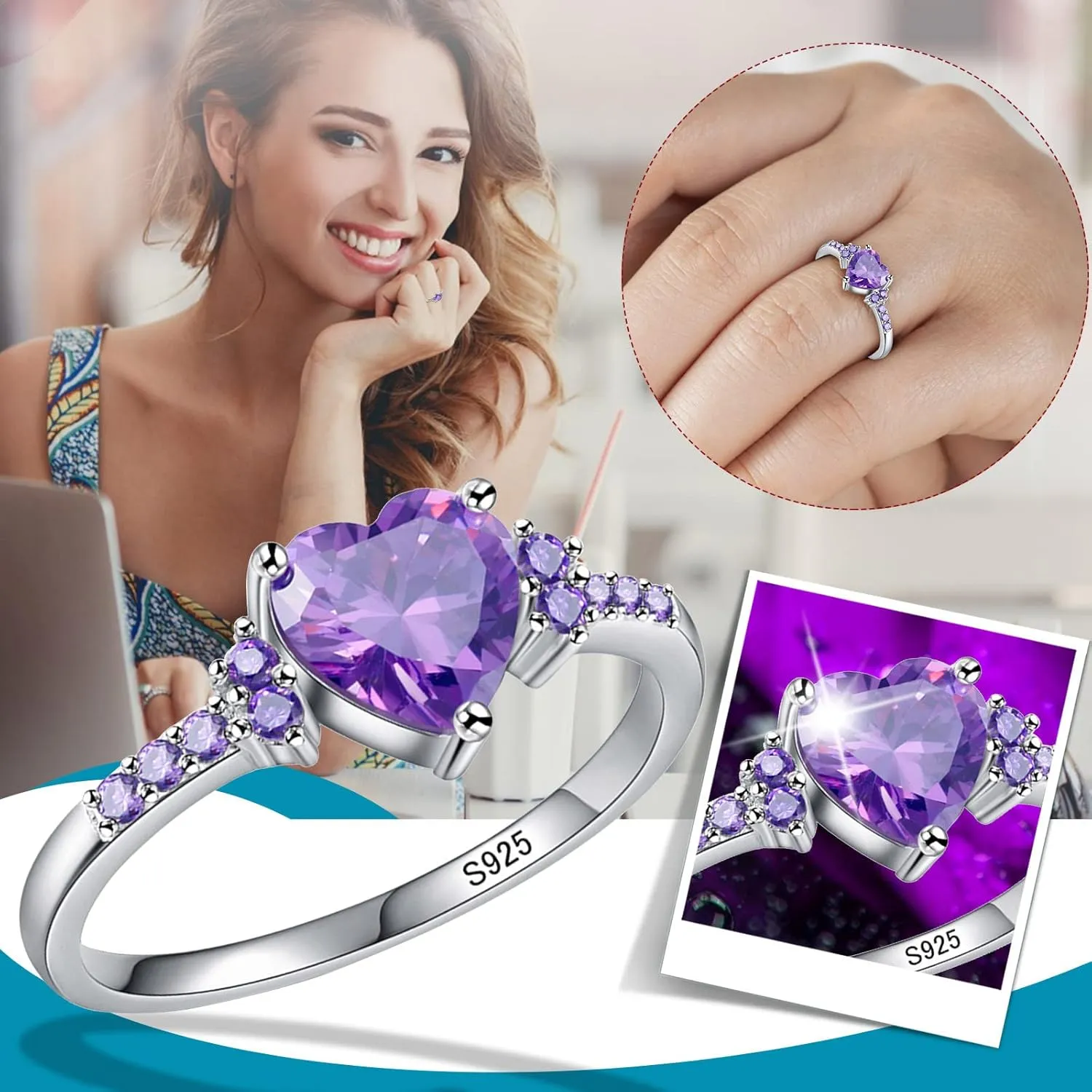 Women Heart Shaped Engagement Rings Inlaid Zircon Anniversary Rings Elegant Exquisite Wedding Jewelry (Purple, 10)