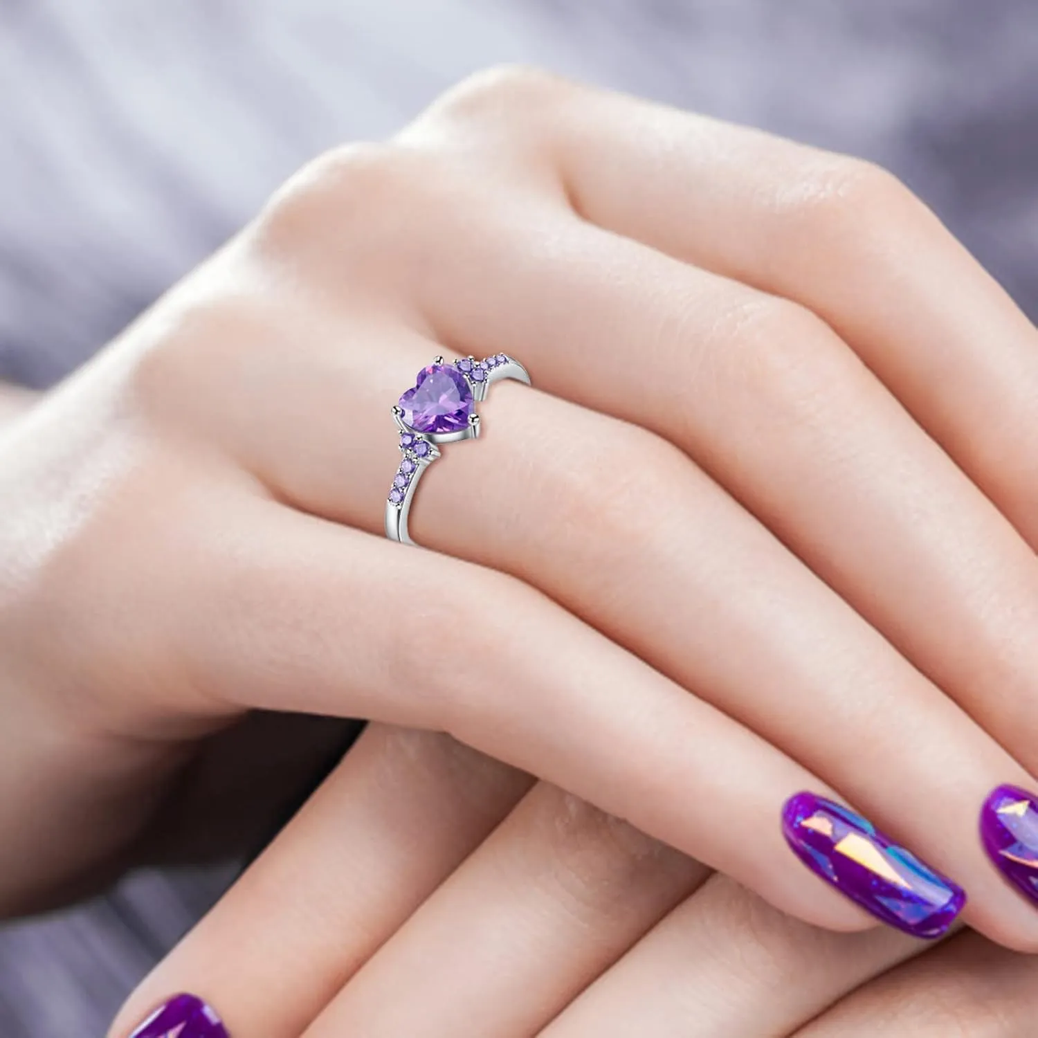 Women Heart Shaped Engagement Rings Inlaid Zircon Anniversary Rings Elegant Exquisite Wedding Jewelry (Purple, 10)