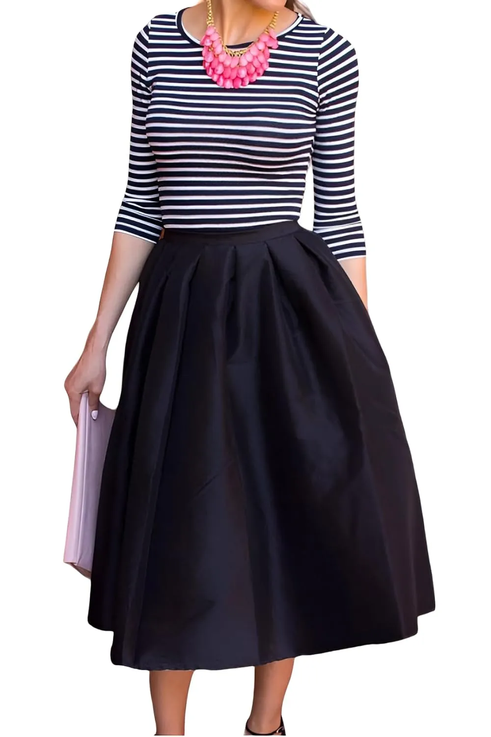 Women Skirt Midi-Length Black Taffeta Skirt One Pocket  Elegant Special Occasion Skirt