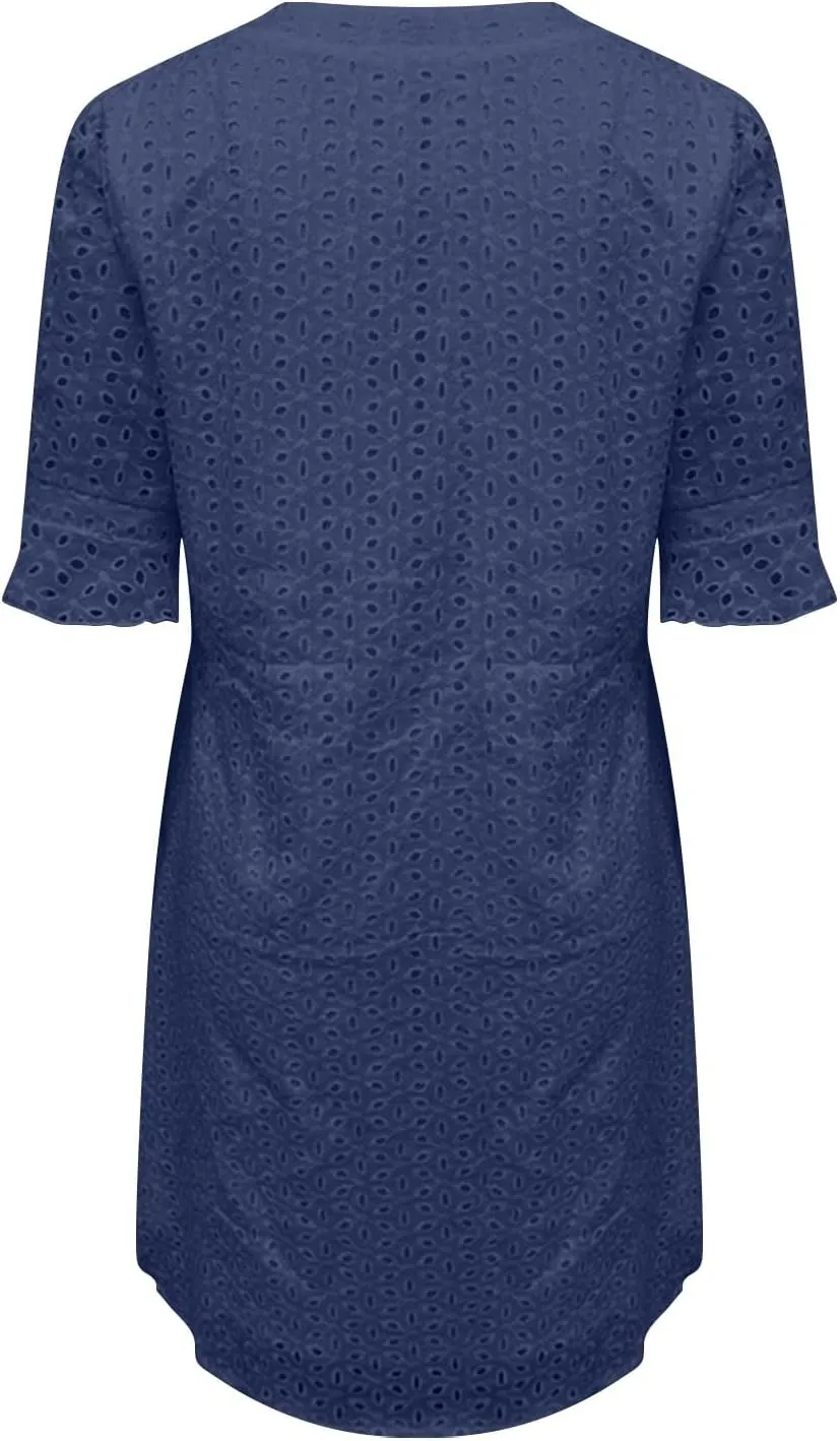 Women Summer Hollow Out Mini Dress Short Sleeve V Neck A-Line Summer Ruffle Hem Floral Eyelet Beach Party Short Sundress