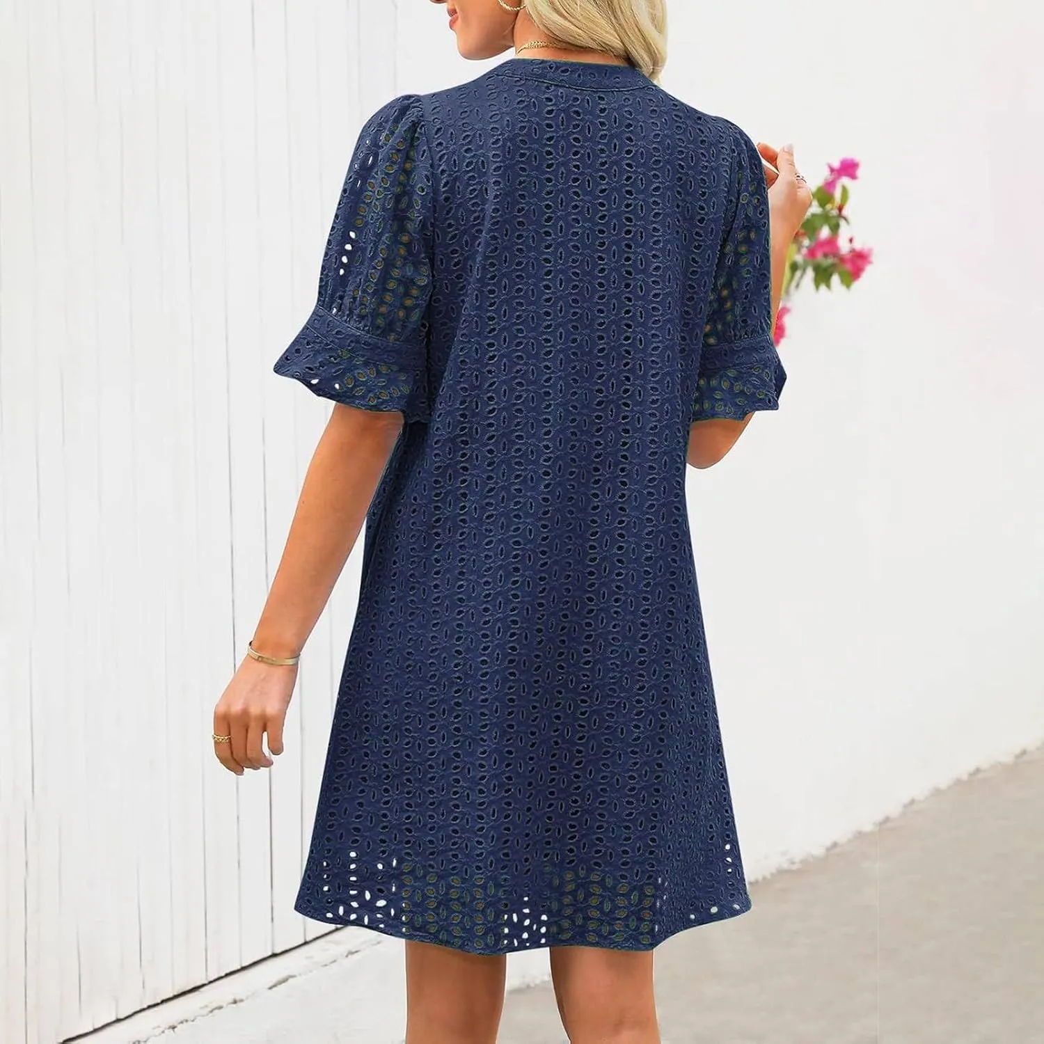Women Summer Hollow Out Mini Dress Short Sleeve V Neck A-Line Summer Ruffle Hem Floral Eyelet Beach Party Short Sundress