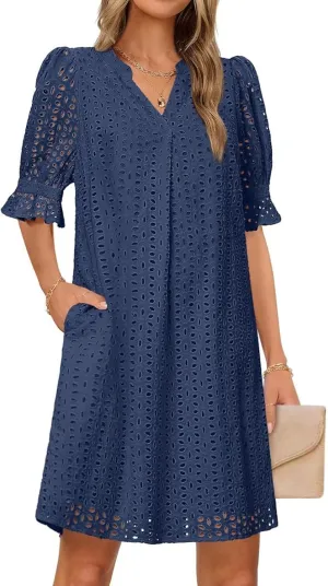 Women Summer Hollow Out Mini Dress Short Sleeve V Neck A-Line Summer Ruffle Hem Floral Eyelet Beach Party Short Sundress