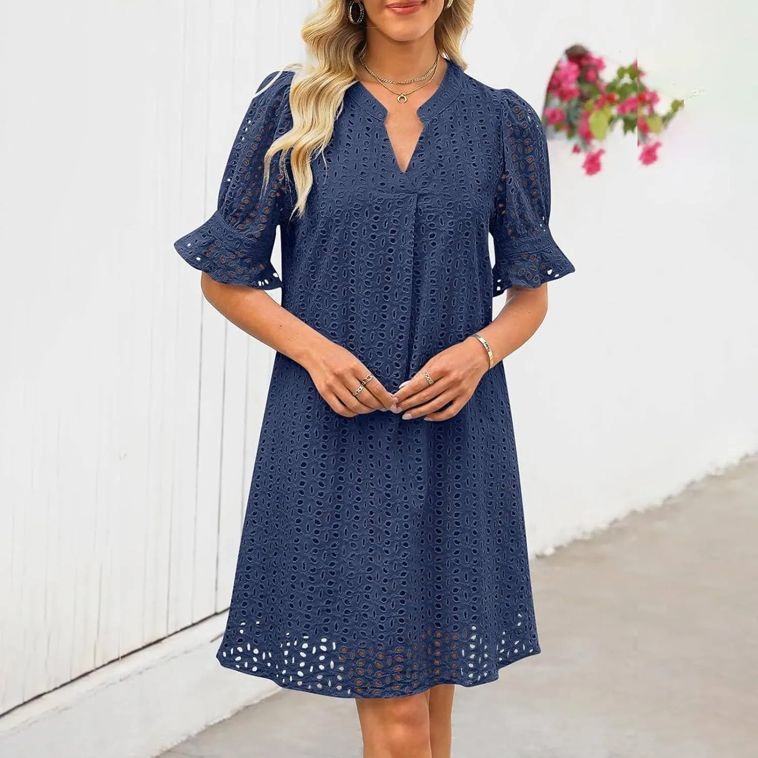 Women Summer Hollow Out Mini Dress Short Sleeve V Neck A-Line Summer Ruffle Hem Floral Eyelet Beach Party Short Sundress